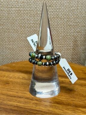 Sterling Desert Pearl Beaded Stretch Ring Set of 2 with Green Turquoise Accents
